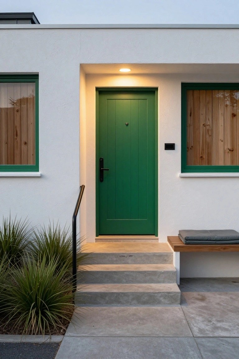 Bright green door with a handle, surrounded by white walls and wooden accents.