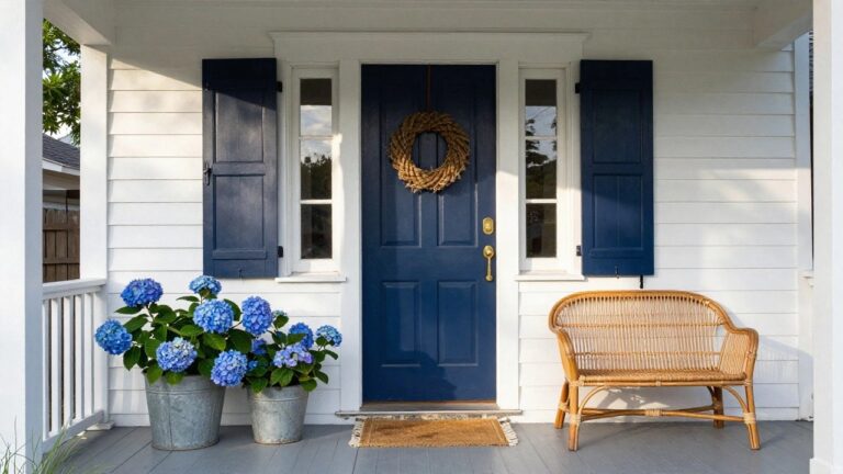 22 Coastal Front Door Color Ideas White clapboard house exterior featuring a navy blue front door with gold hardware and wheat wreath, flanked by blue hydrangea plants in galvanized metal buckets, white shutters, seagrass doormat, and wicker chair on gray porch.