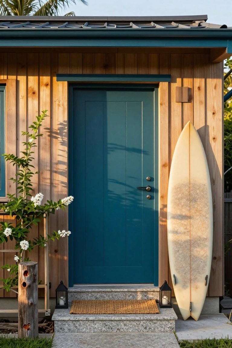 Teal door beside a surfboard, surrounded by wooden walls and flowers.