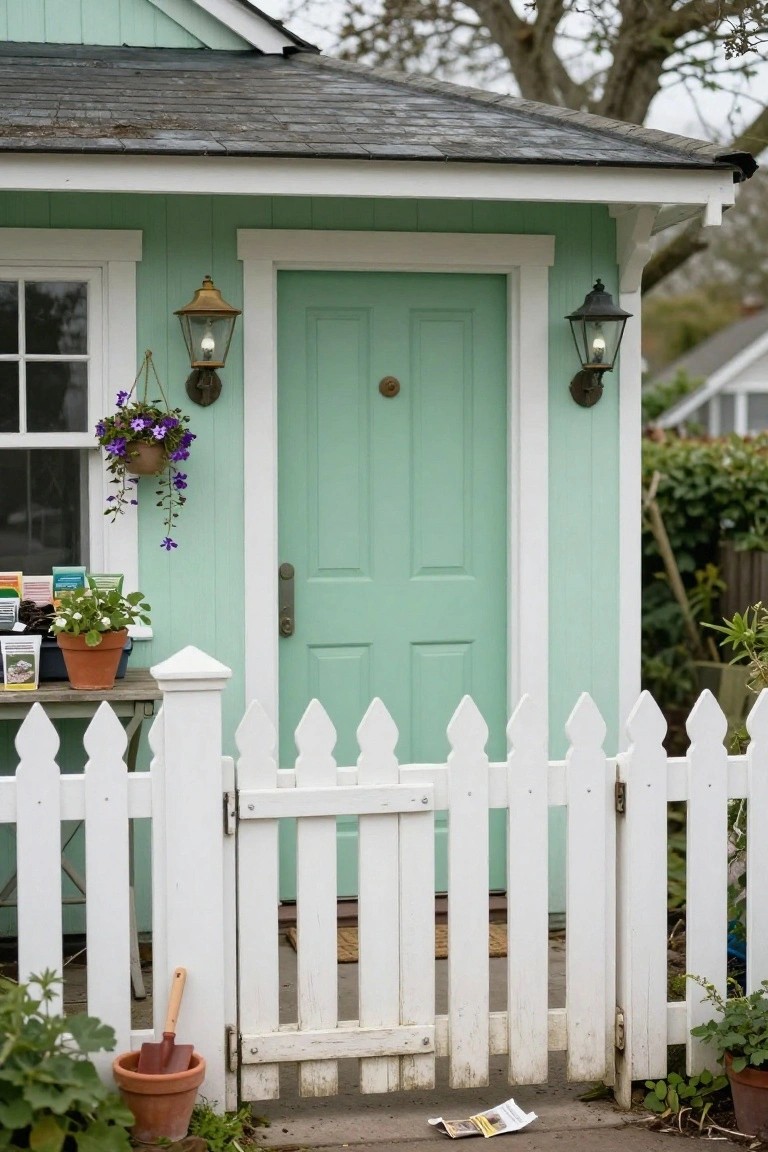 A small light green house with mint green front door, white trim and picket fence gate, brass lanterns on either side of the door, hanging purple flowers, potted plants, and a trowel leaning against the fence.