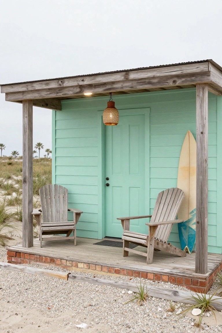 Small mint green wooden cabin on a beach with matching front door, two weathered Adirondack chairs on the porch, a surfboard leaning against the wall, rattan lantern hanging above, and sandy dunes in the background.