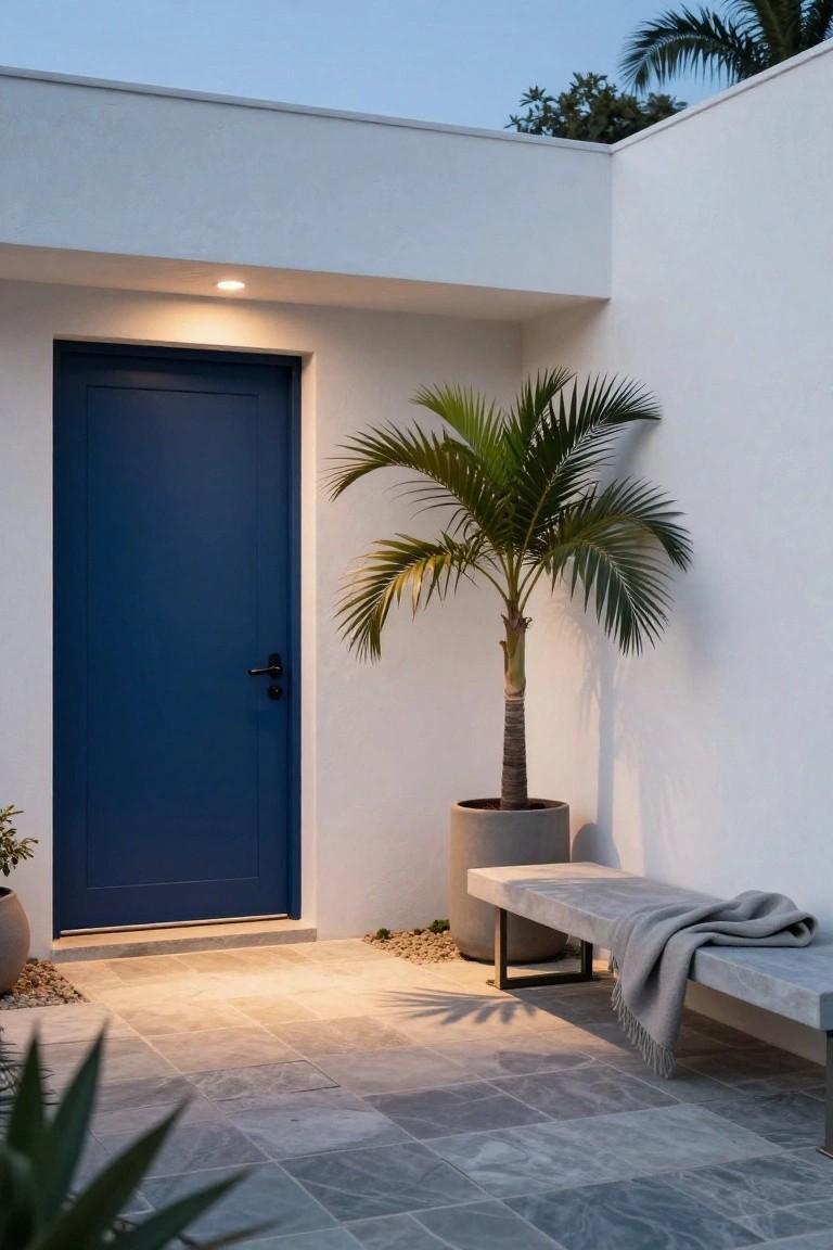 White stucco house exterior with navy blue front door, tall potted palm tree next to it, concrete bench with gray blanket, and gray tiled entry path in low evening light.