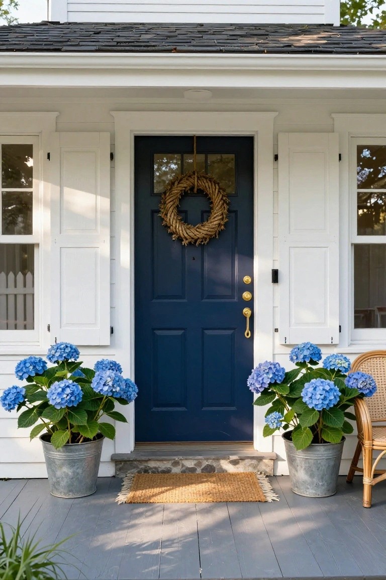 White clapboard house exterior featuring a navy blue front door with gold hardware and wheat wreath, flanked by blue hydrangea plants in galvanized metal buckets, white shutters, seagrass doormat, and wicker chair on gray porch.