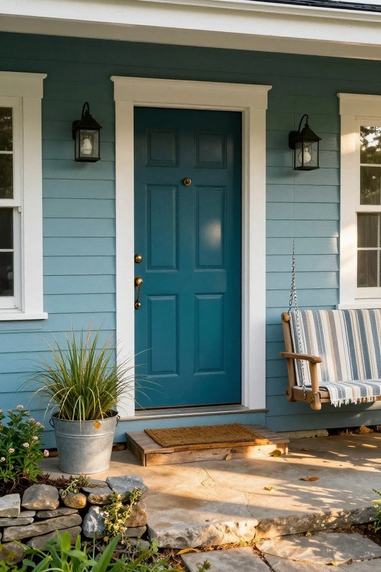 Pale blue clapboard house exterior with centered navy blue paneled front door, white trim, black lanterns on either side, porch swing to the right, potted grass plant and stone steps in front.
