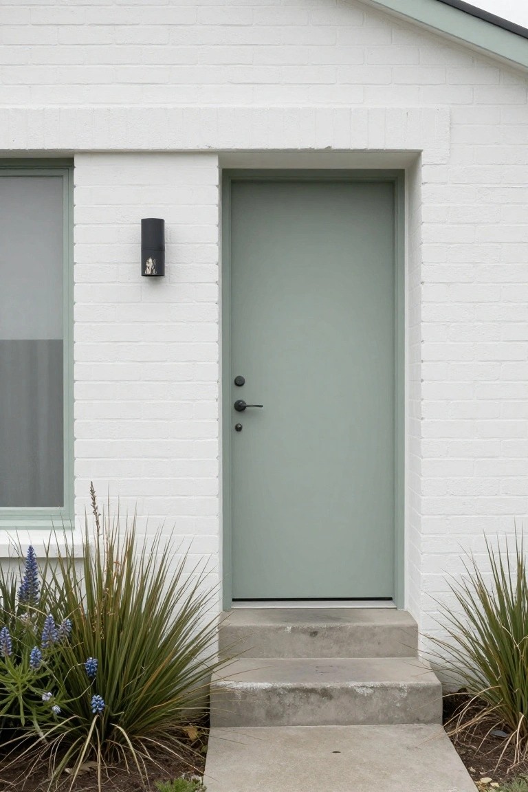 White brick house exterior featuring a sage green front door with black knob and deadbolt, black wall lantern, frosted glass sidelight window, concrete steps, and grasses with blue flowers nearby.