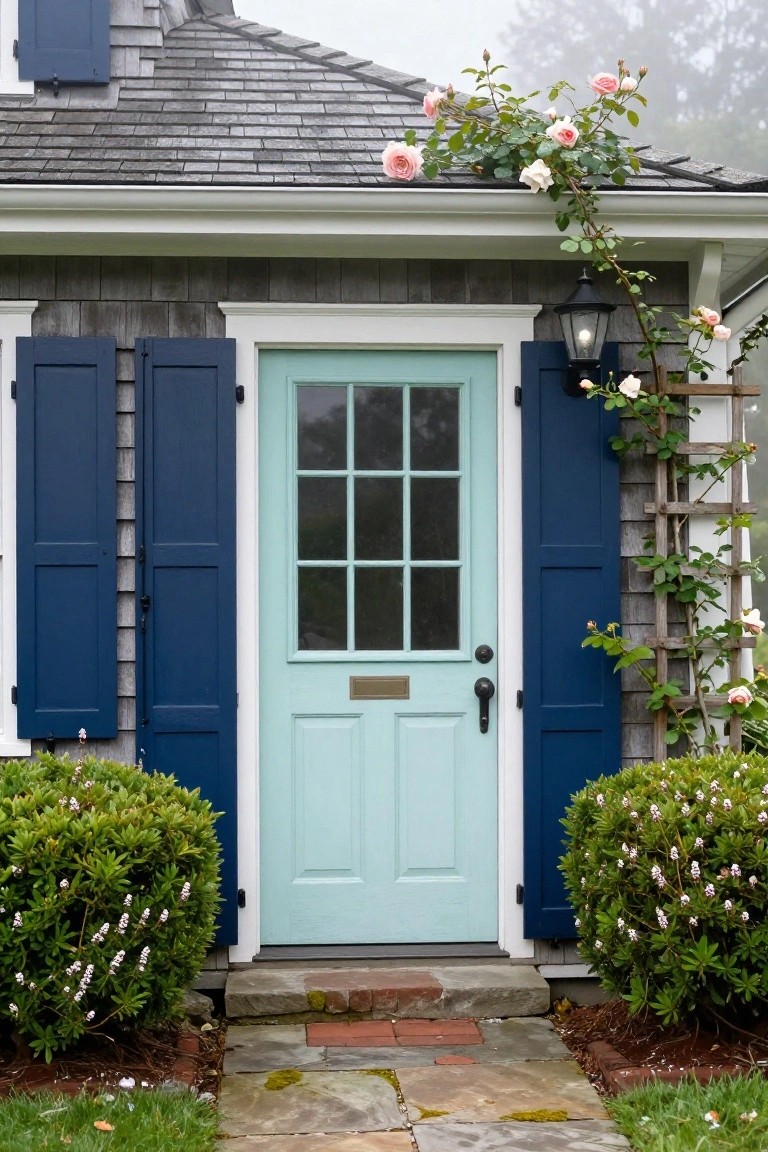 Mint green front door with nine-pane glass window on a shingled coastal house flanked by navy blue shutters, climbing pink roses on a trellis, boxwood shrubs, and a brick and stone entry path.