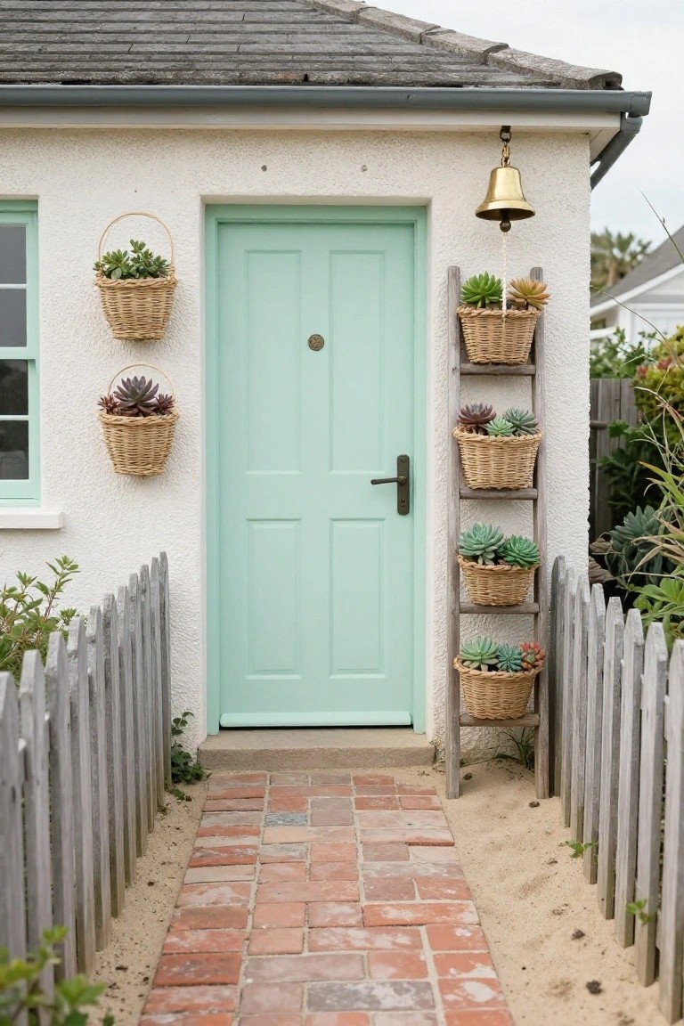 White stucco house exterior with mint green four-panel front door, flanked by wicker hanging baskets of succulents, a wooden ladder shelf of succulent baskets, brass door bell, picket fence, and brick path edged by sand.
