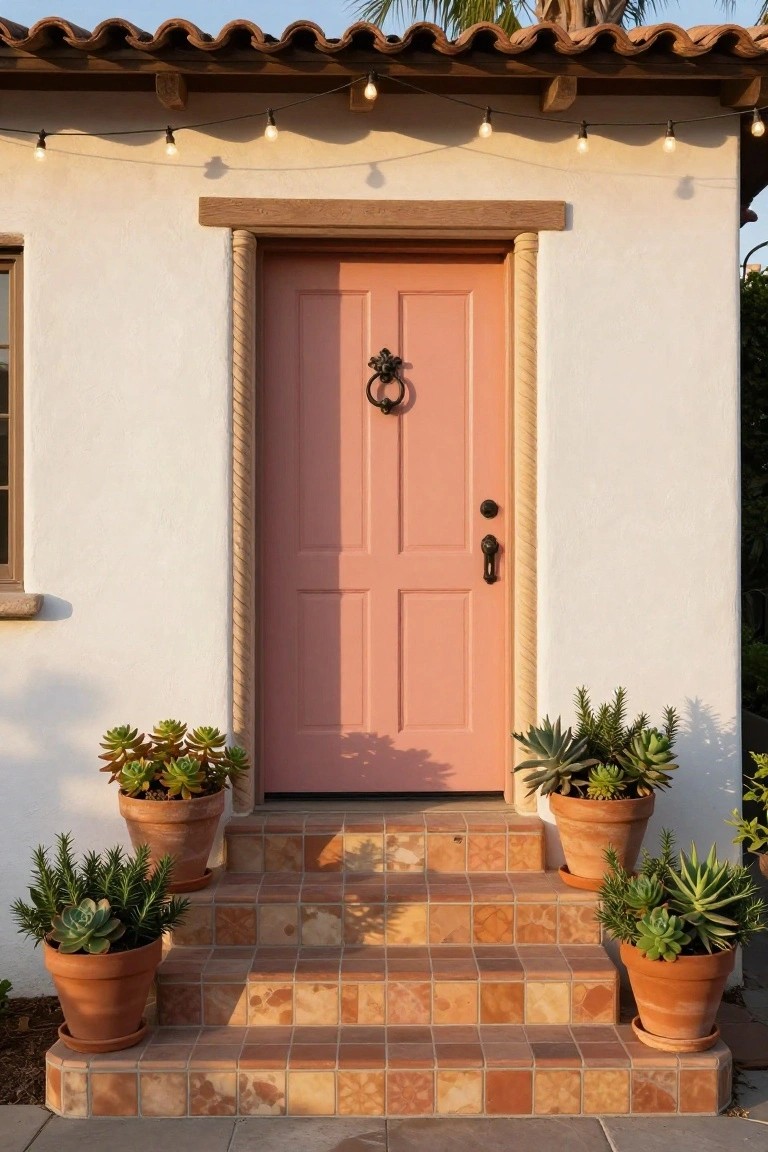White stucco house exterior featuring a pink paneled front door with a knocker, terracotta steps leading up to it, potted succulents on both sides, string lights overhead, and a palm tree nearby.