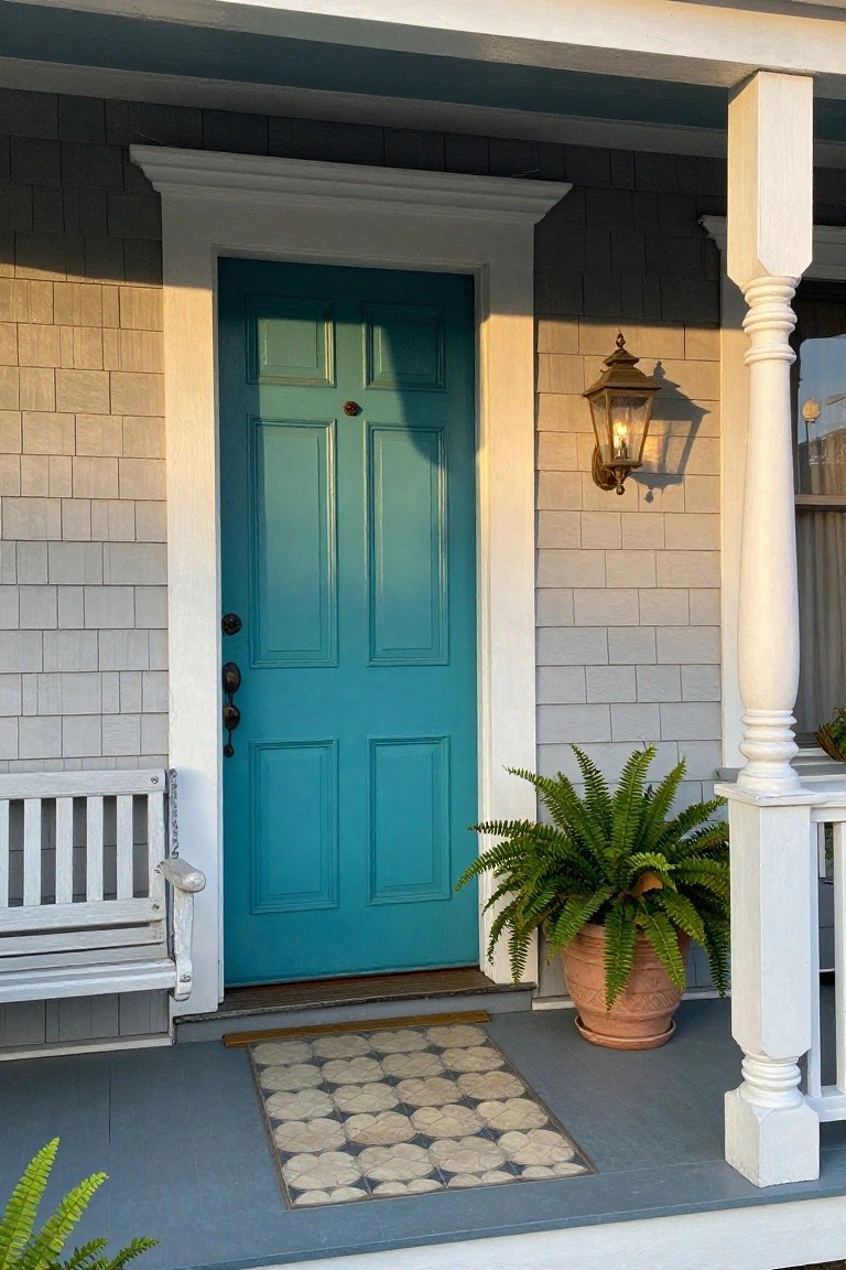 Turquoise paneled front door on a gray shingle house exterior with white trim, brass lantern light, potted fern, white bench, and patterned doormat on the porch.