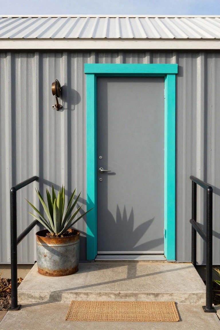 Gray front door with turquoise frame on a corrugated metal building, black handrails on concrete steps, agave plant in rusty metal bucket, and seagrass welcome mat.
