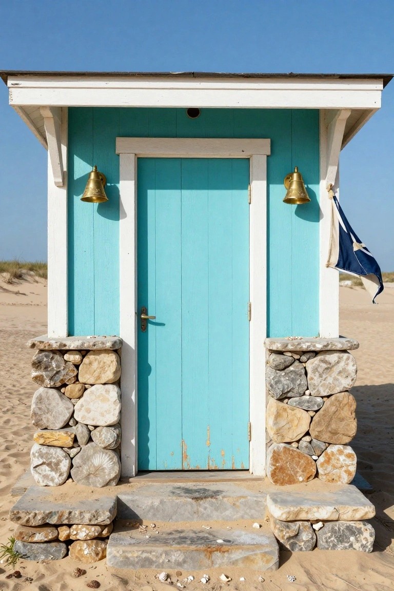Small turquoise beach cabin with bright blue front door, white trim, gold bells flanking the entry, stone base and steps, on sandy dunes with a flag nearby.