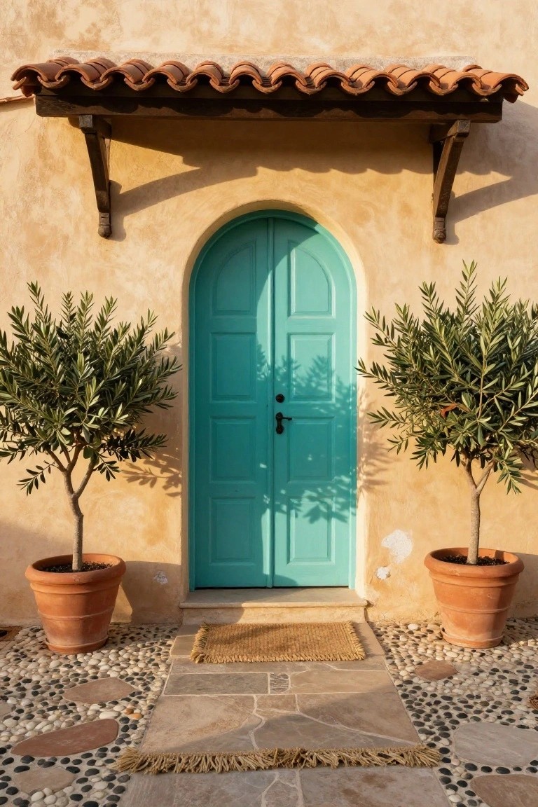 Arched turquoise front door centered on beige stucco wall under terracotta roof overhang, flanked by potted olive trees, with seagrass doormat on stone path amid pebble ground.