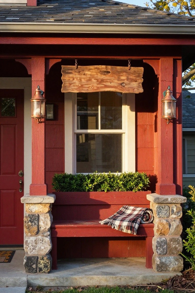 Red front door on a covered porch with wooden posts, stone pillars, copper lanterns, boxwood planter, wooden bench with plaid blanket, and blank wooden sign overhead.
