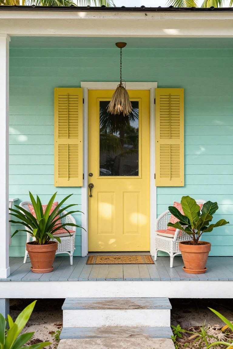 Turquoise clapboard house with yellow front door and matching shutters, hanging lantern with seagrass shade above the door, two white wicker chairs with coral cushions and potted plants on a porch with gray wood floor and welcome mat, concrete steps leading up surrounded by low plants.