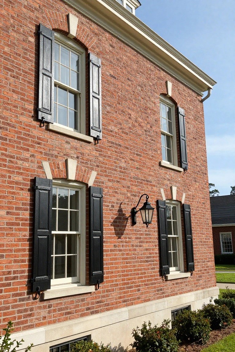 Red brick house exterior with double-hung windows framed by segmental brick arches with white keystones, black louvered shutters, white stone sills, and a black lantern mounted between two windows, plus low shrubs at the base.