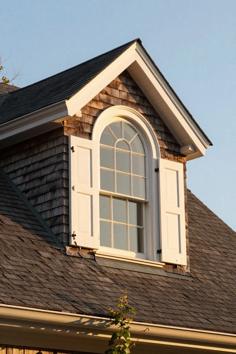 Close-up view of a white-framed arched dormer window with open louvered shutters on a dark shingled roof, blue sky above and ivy vine nearby.