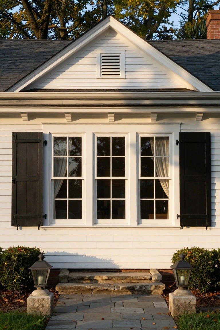 White clapboard house with gabled roof, central triple windows framed by open black shutters, stone entry steps flanked by lanterns on pedestals and boxwood shrubs.