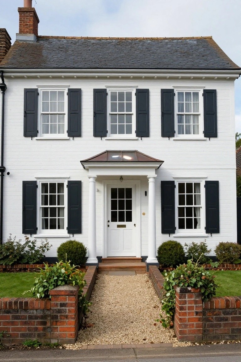 White two-story colonial house with black louvered shutters framing multi-pane windows, columned front porch with copper roof, brick garden walls with shrubs, gravel path, and slate roof.