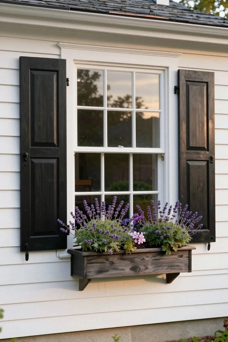 White clapboard house wall with black wooden shutters open on both sides of a six-over-six double-hung window, wooden window box below filled with purple lavender flowers and green foliage, dark gray roof and copper flashing above.