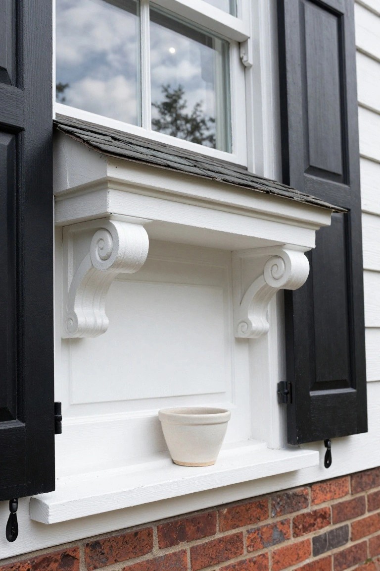 Close-up view of a white-painted colonial window hood with paired carved volute brackets supporting a shelf that holds a single white terracotta plant pot, flanked by open black shutters on a brick house wall.