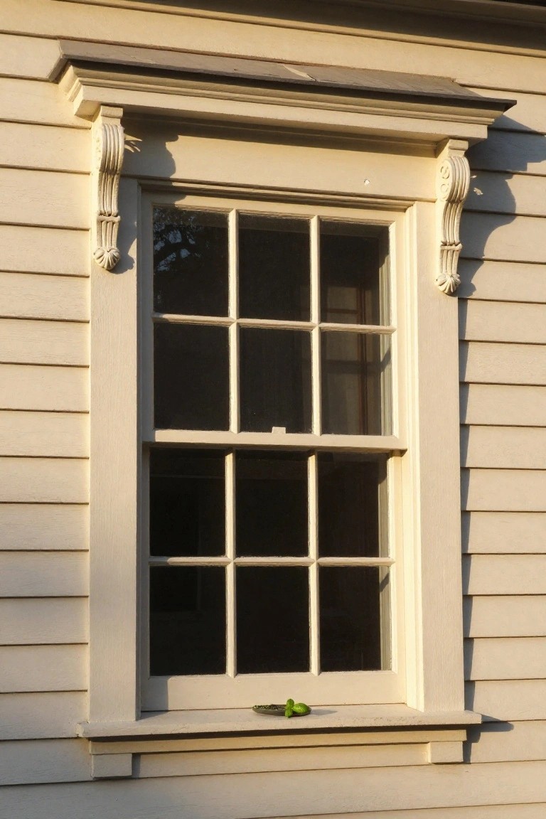 Beige clapboard house exterior with a nine-over-nine double-hung window framed by ornate carved scroll brackets on the sides, a plain sill holding a small potted green plant, and subtle shadows in late afternoon light.