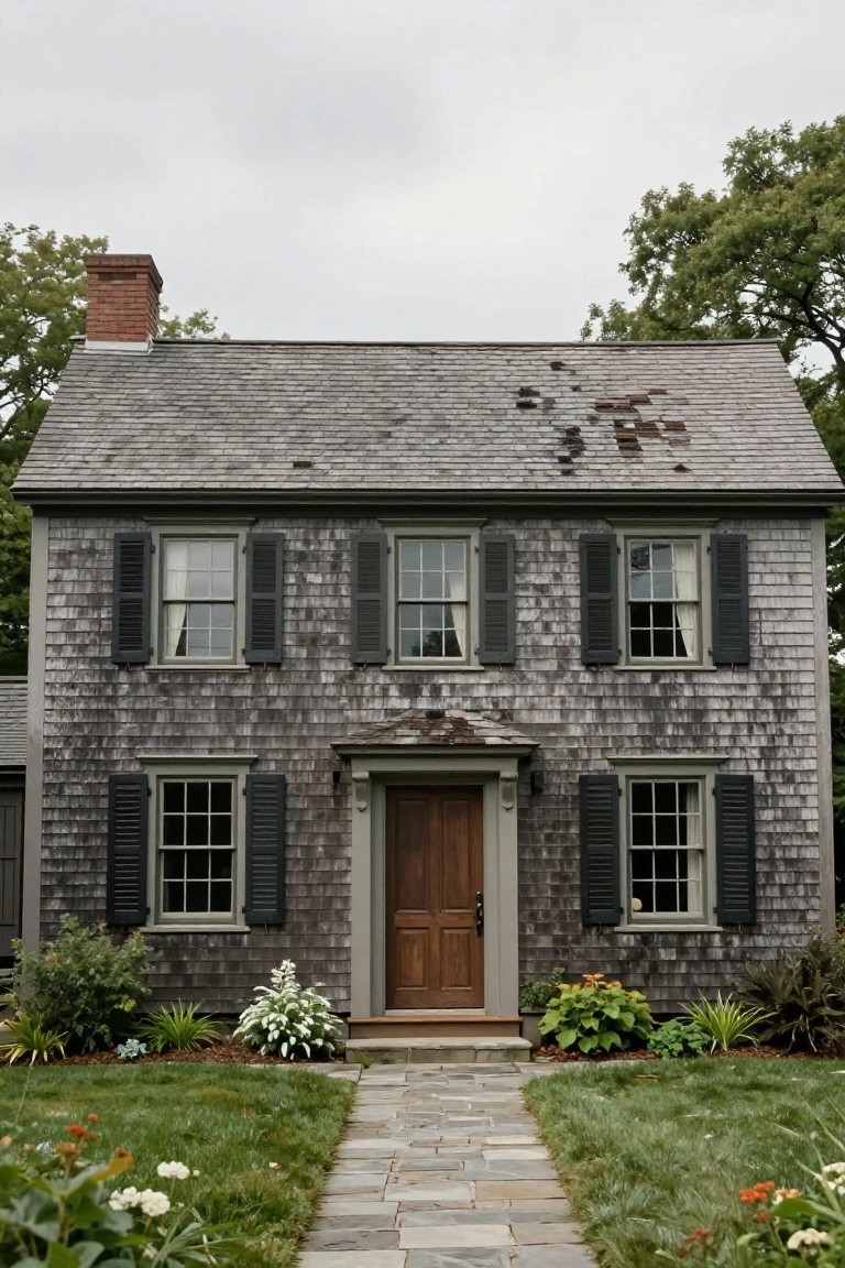 Gray shingled colonial house with dark green shutters framing multi-pane windows, brick chimney, wooden front door, stone pathway, and front yard plantings under cloudy sky.