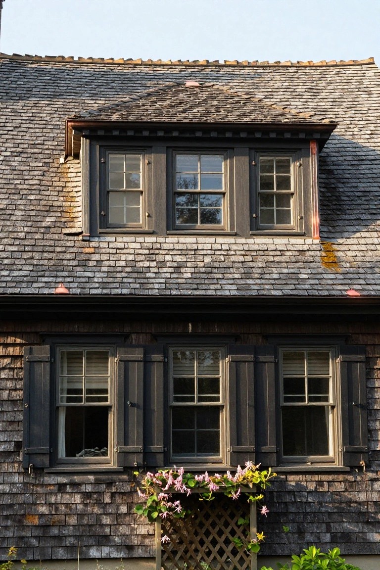 Shingled Colonial house facade with dark wood shutters and trim framing multi-pane windows, a dormer window above, copper gutters, and pink climbing flowers on a trellis at the base.