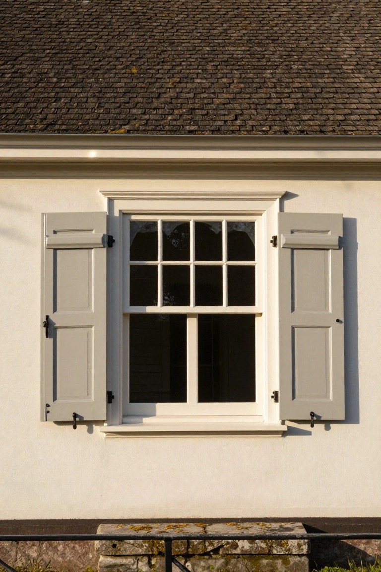 Close-up of a multi-pane double-hung window with white molded trim and open gray panel shutters on a light beige stucco wall, dark shingle roof above, and stone base with railing below.