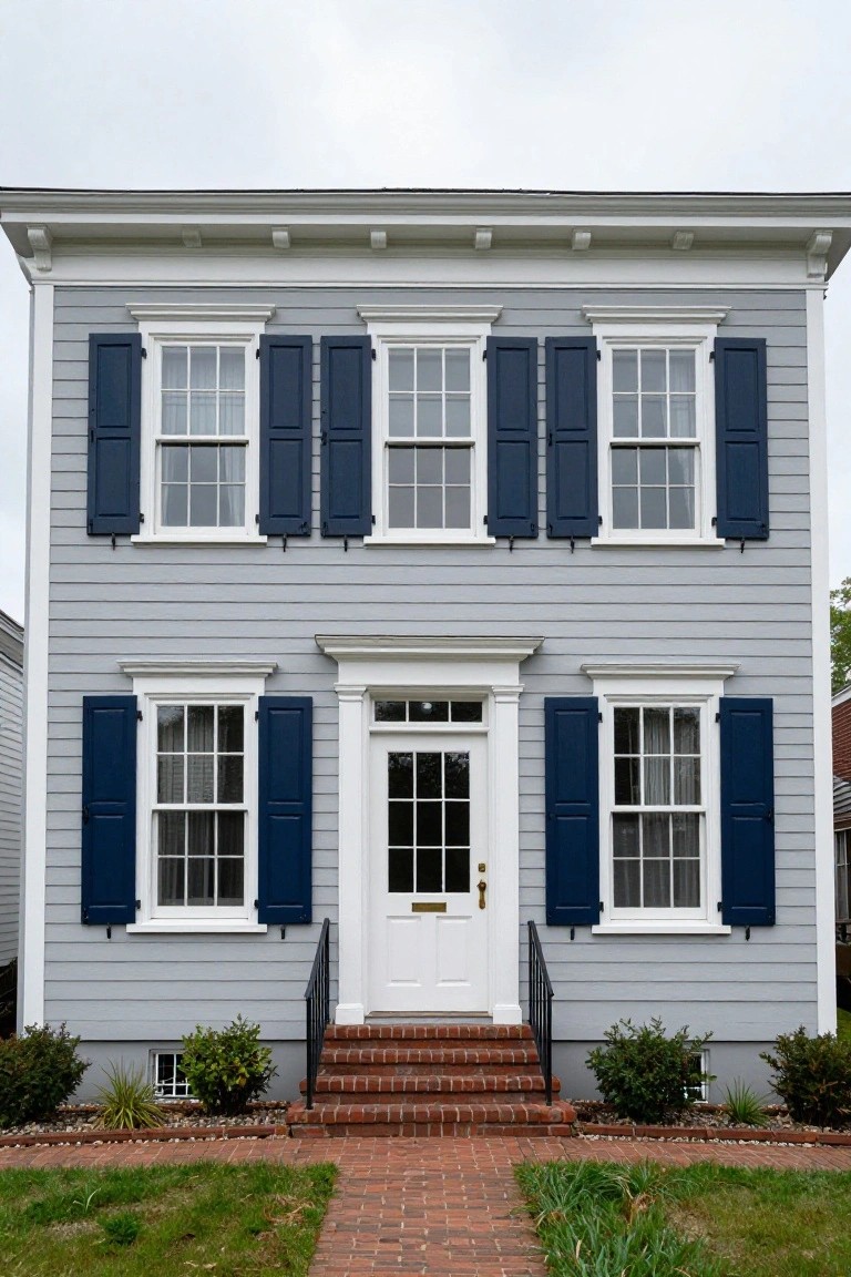 Two-story light gray clapboard house with navy blue shutters on white-trimmed multi-pane windows, white front door with transom, brick entry steps, and small shrubs on either side.