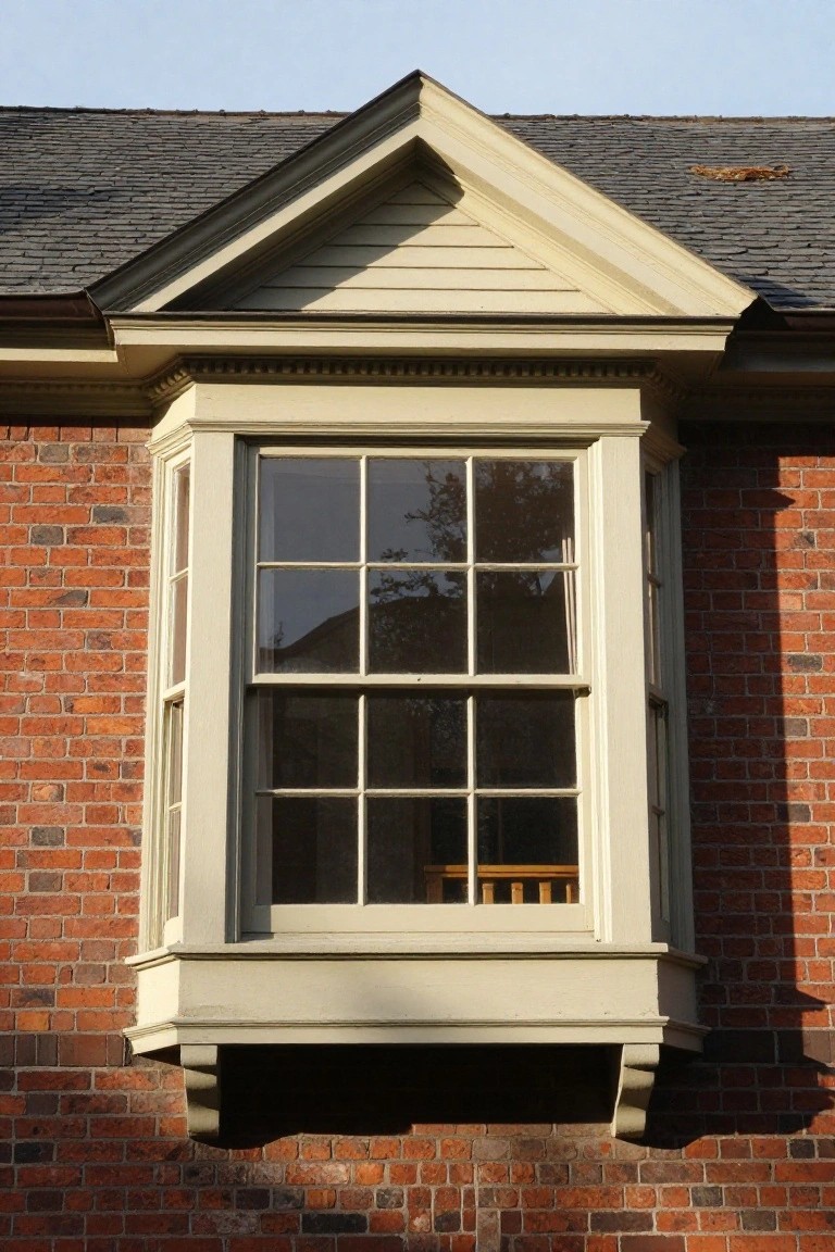 Beige wooden bay window with eight-over-eight panes and a triangular pediment trimmed with dentils, projecting from a red brick house wall under a dark shingled roof edge.