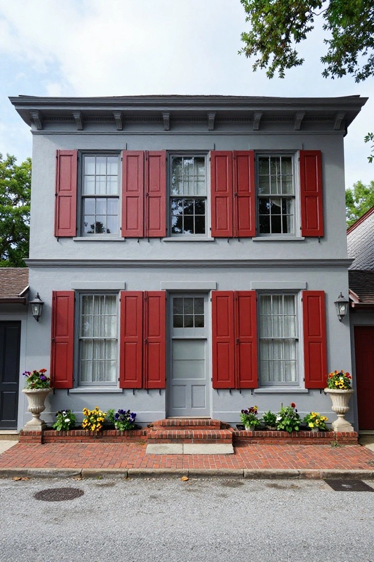 Two-story gray house with red shutters on the windows, green entry door, brick steps, lanterns, and potted flowers in urns beside the entrance.