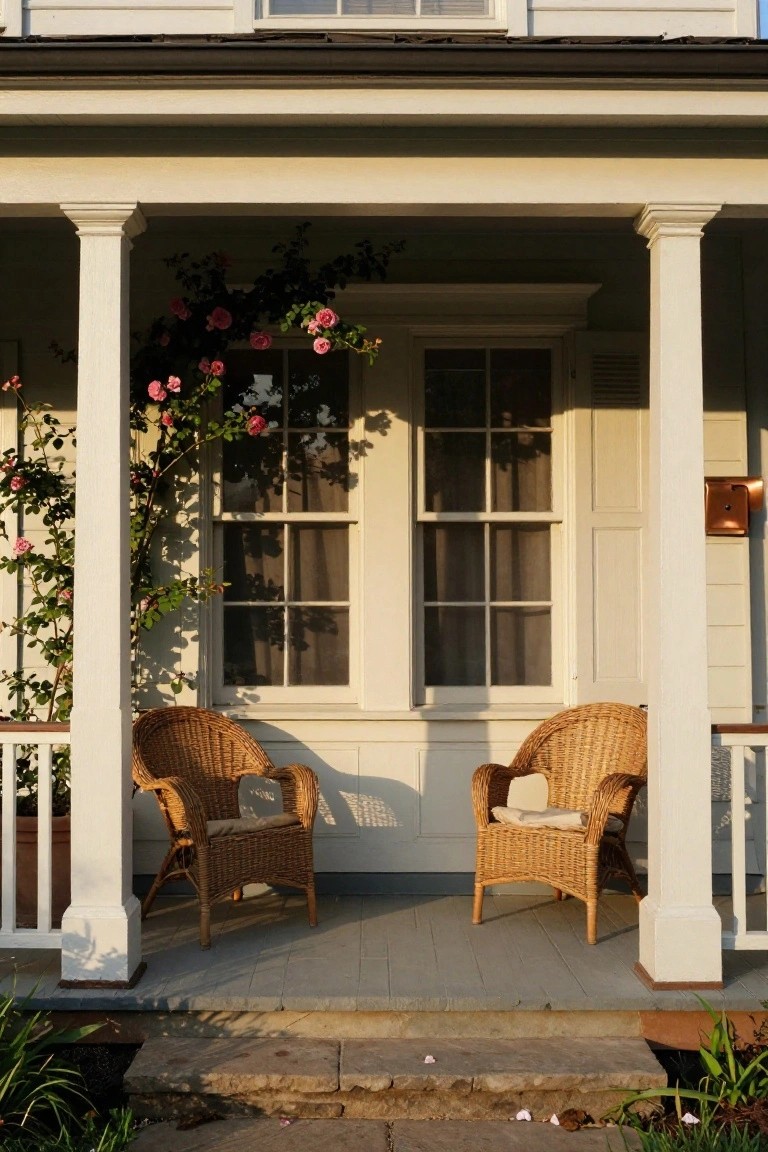 Colonial porch with fluted white columns, climbing pink roses on the left column, double multipaned windows with sheer curtains and louvered shutters, two wicker chairs with cushions, copper mailbox, and plants at the steps.