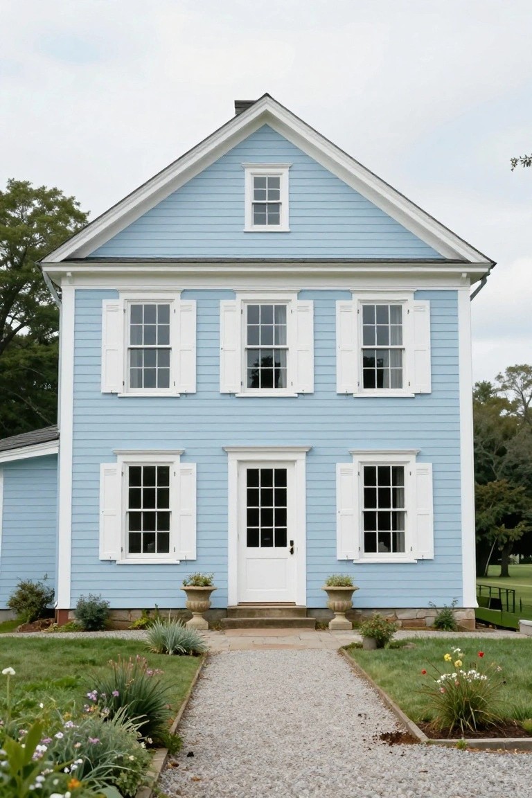 A two-story light blue clapboard house with white shutters on multi-pane windows, white trim, and centered front door, flanked by potted plants on a gravel path with grass and flower beds.