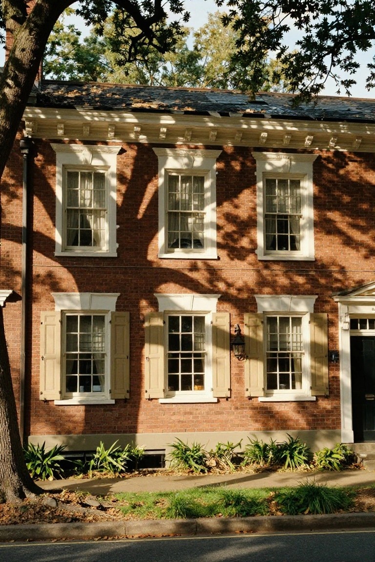 Two-story red brick house with white trim around multi-pane windows, beige louvered shutters, black front door, and low plants at the base under a large tree.