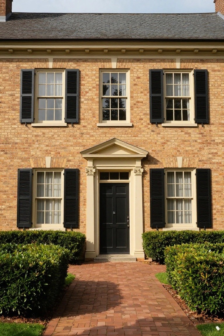 Two-story brick Colonial house with symmetrical white-trimmed multi-pane windows, black louvered shutters, central black door in white surround, brick walkway, and boxwood shrubs on sides.
