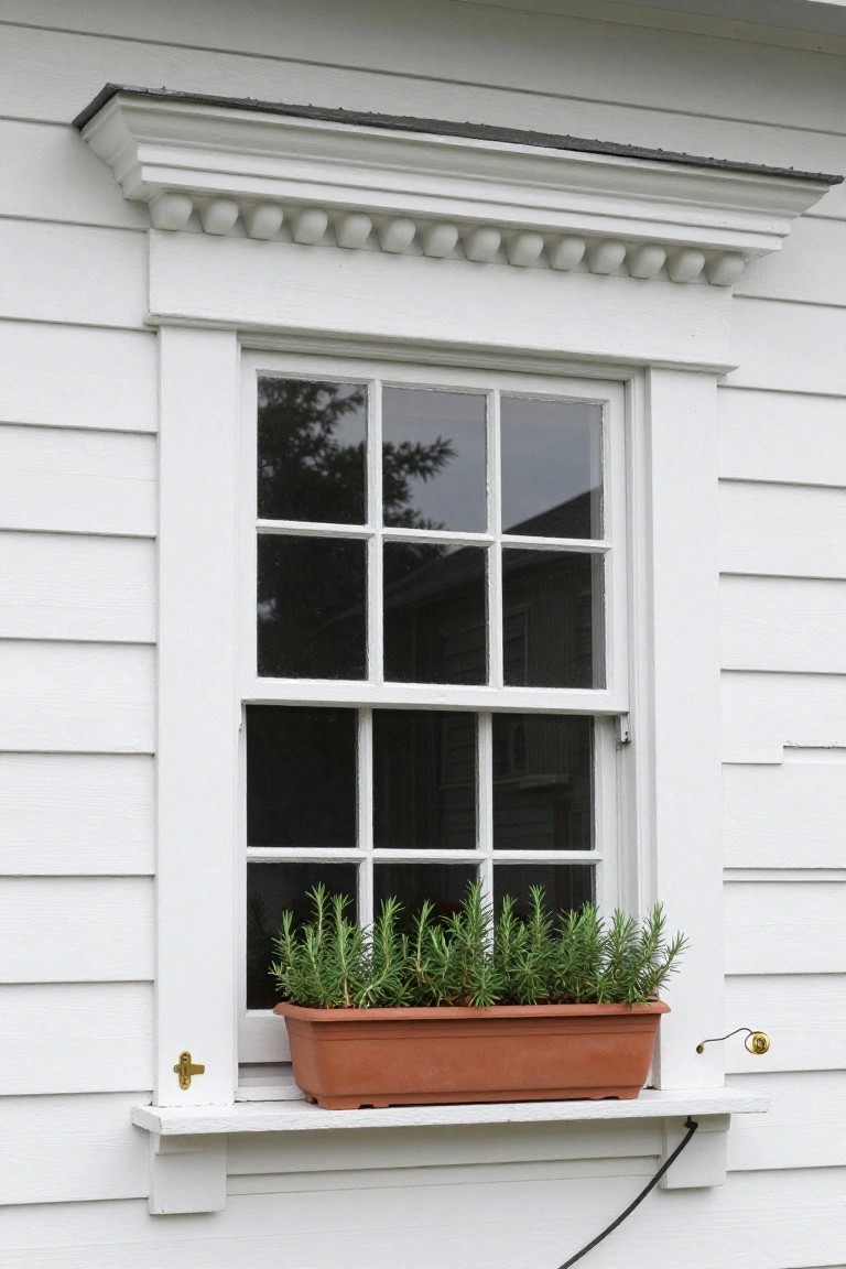 White clapboard house exterior with a six-over-six double-hung window in ornate white trim topped by dentil molding, a terracotta window box of rosemary plants on the sill, and a small gold latch nearby.
