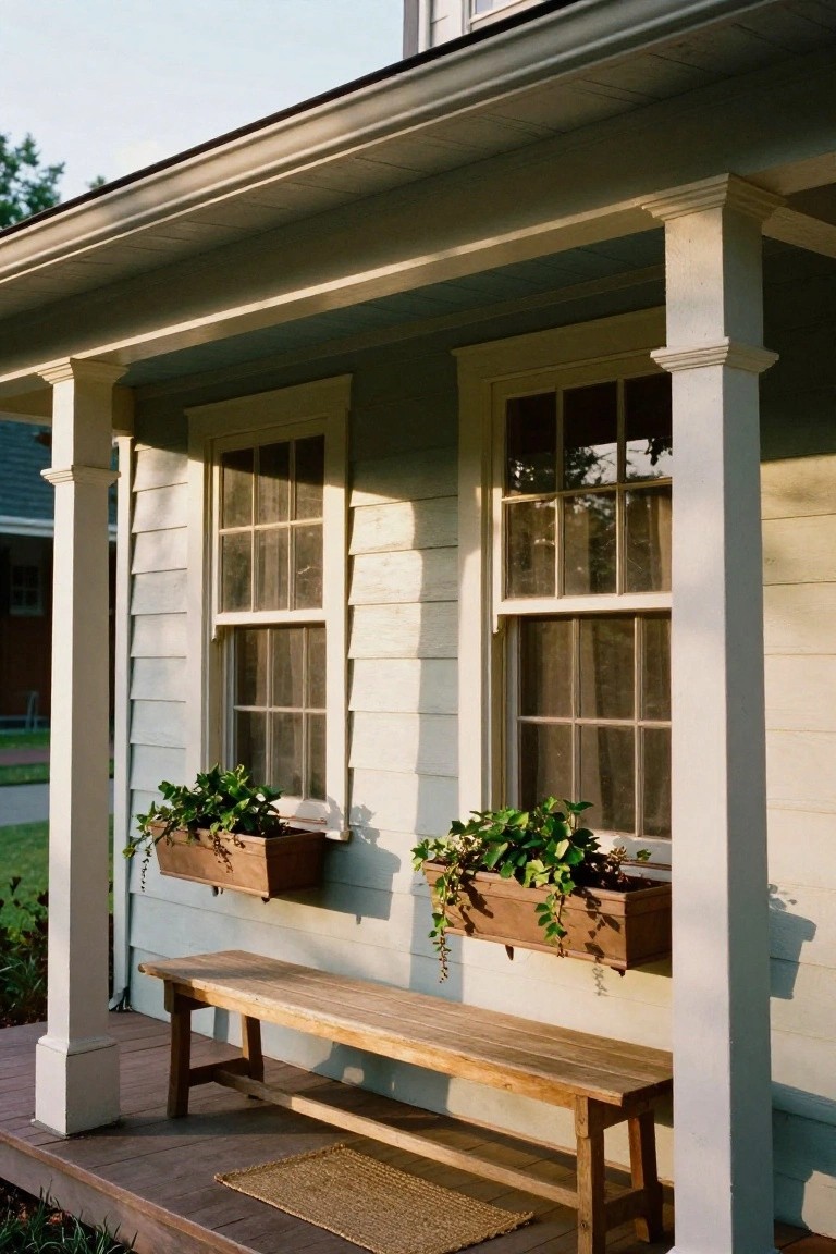 Side view of a light green colonial-style house porch with white columns, double-hung multipane windows framed by wooden window boxes filled with trailing green ivy plants, a wooden bench on the deck, and a seagrass welcome mat.