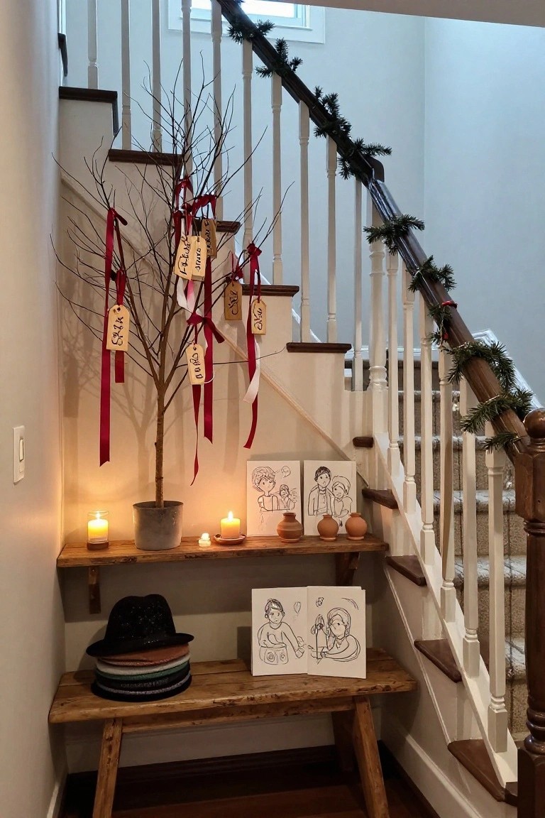 A potted bare tree decorated with red ribbons and wooden tags stands in a cozy stairwell corner with garlands on white railings, candles on shelves, small drawings propped up, and stacked hats on a wooden bench.
