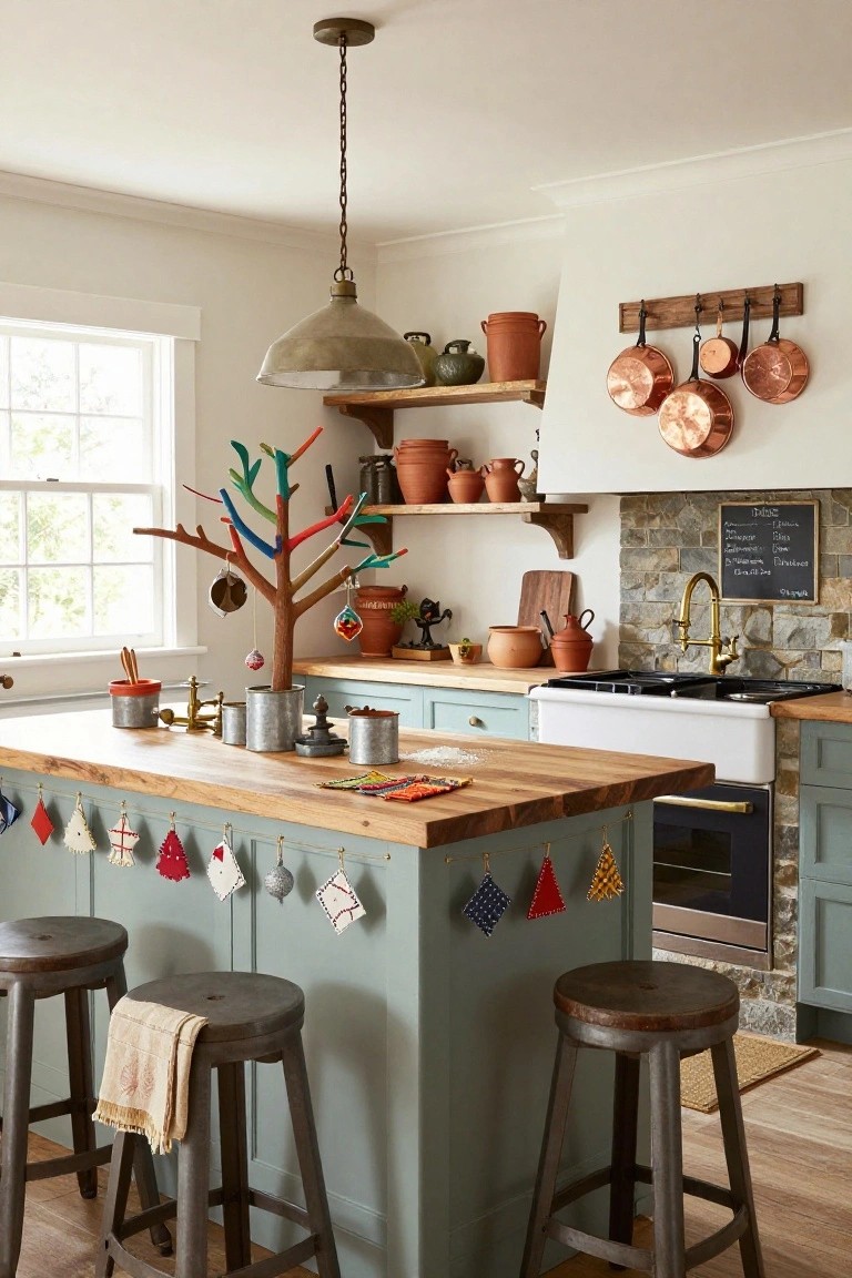 Kitchen with sage green cabinets, wooden island, copper pots on a wall rack, terracotta pottery on open shelves, and a multicolored branch Christmas tree in the corner near a window.
