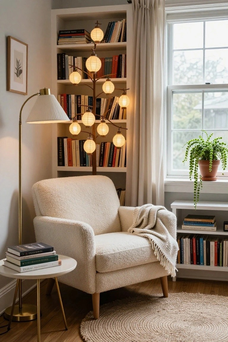 Cozy interior reading corner featuring white bookshelves filled with books, a cream bouclé armchair with a throw blanket, a white side table stacked with books, a tree-branch floor lamp with multiple glowing paper lantern shades, a tall arched floor lamp, a potted trailing plant on the windowsill, beige curtains, and a seagrass rug on hardwood floors.