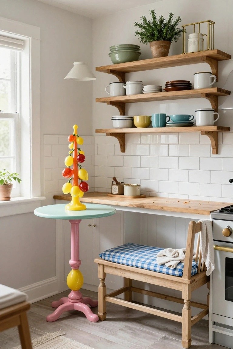 Kitchen corner featuring a tall yellow plastic lemon tree sculpture on a turquoise round pedestal table next to wooden open shelves with dishes, white subway tile backsplash, and a wooden stool with blue cushion.
