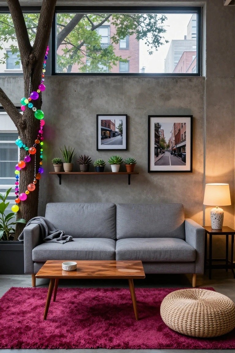 Modern loft living room with a large potted tree wrapped in multicolored beaded garlands, gray sofa, wooden coffee table, plants on shelves, pink rug, and large windows showing city views.