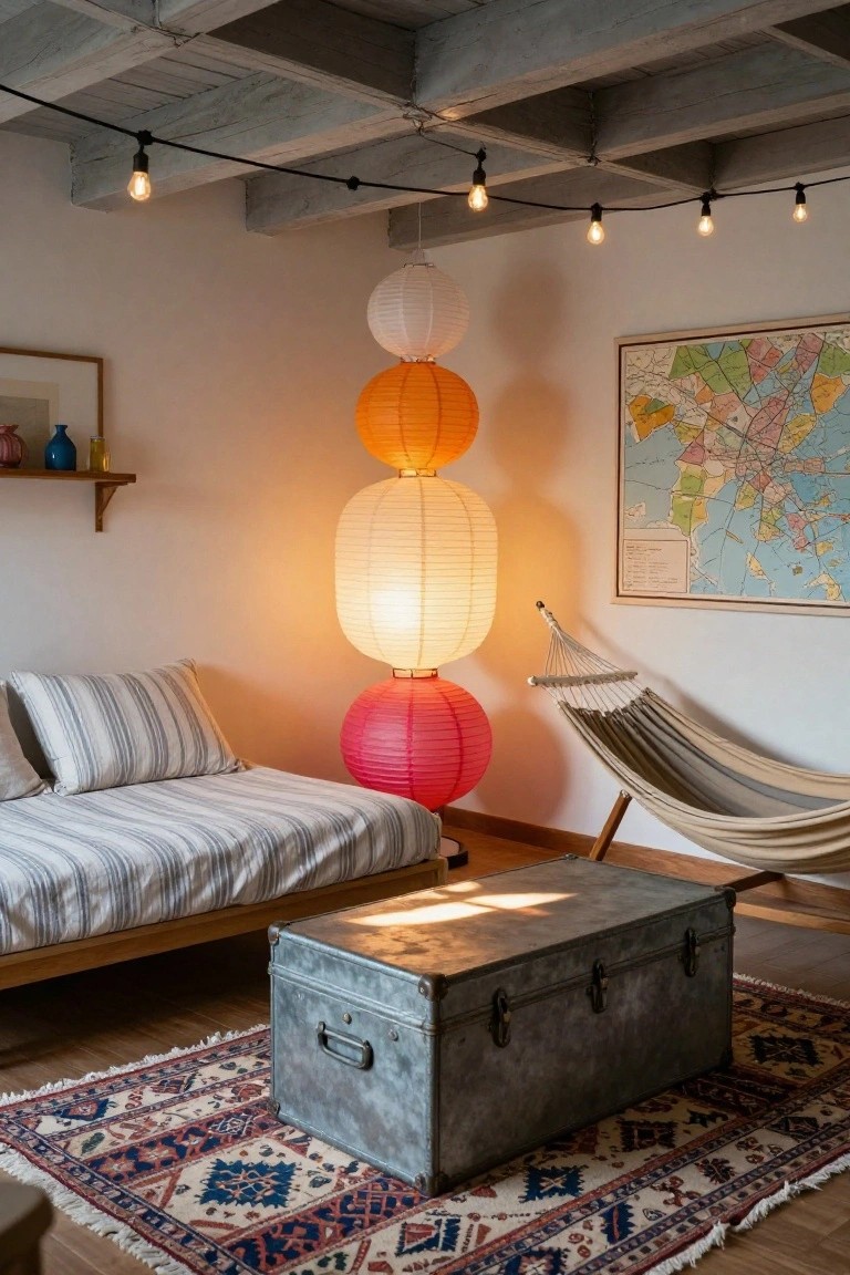 Indoor bedroom corner featuring a tall stack of colorful paper lanterns in white, orange, and pink, beside a bed with striped sheets, a hammock, metal trunk, Persian rug, shelf with vases, world map on wall, and string lights under wooden beam ceiling.