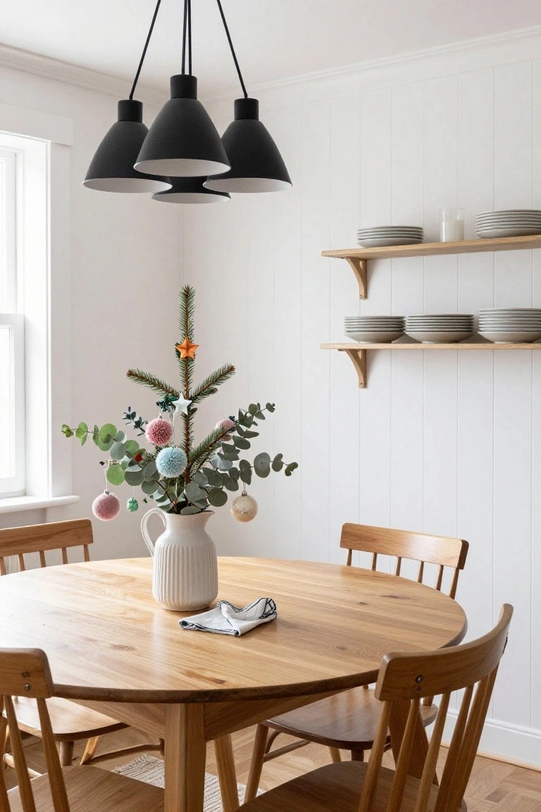 Small Christmas tree decorated with pastel pom-poms, ornaments, and eucalyptus in a white jug on a round wooden dining table, under black pendant lights in a white-walled room with plate shelves.