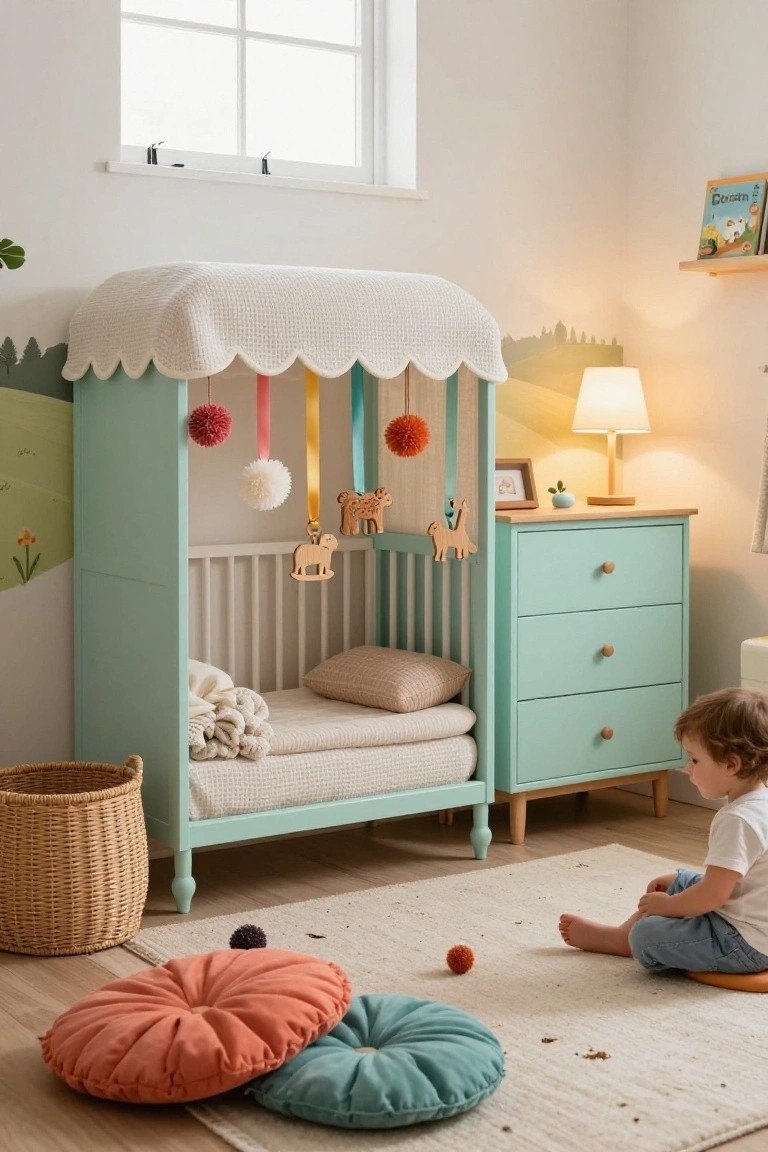 Mint green wooden crib with white scalloped fabric canopy and colorful hanging pom-poms plus wooden animal shapes in a bright nursery room, toddler sitting on floor nearby with matching dresser and cushions.