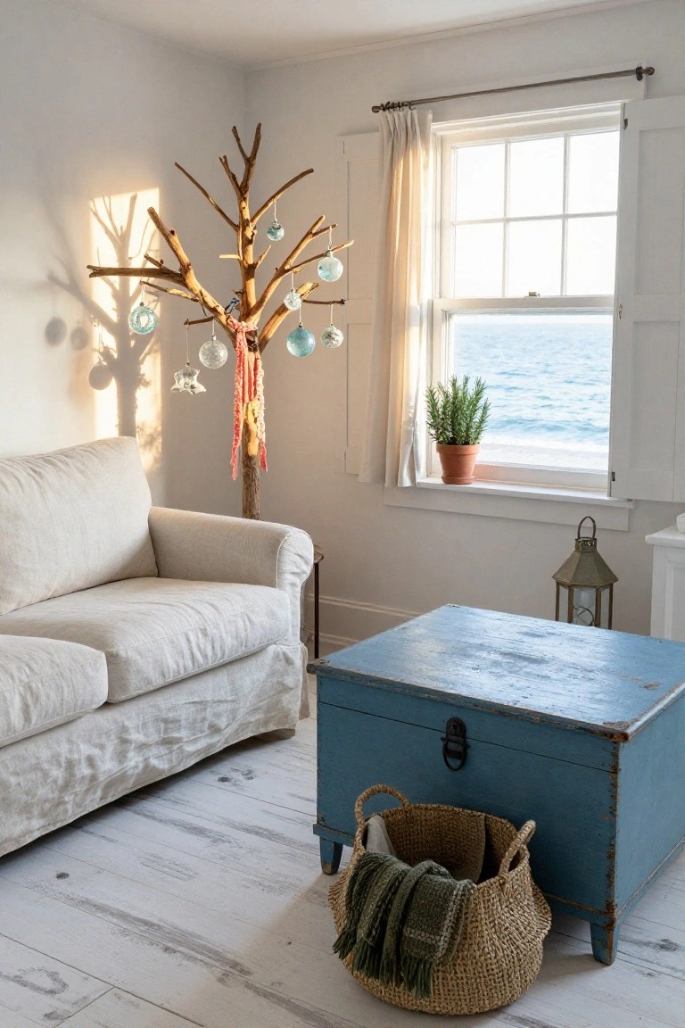 White-walled living room with beige linen sofa, blue wooden trunk, wicker basket with throw, driftwood branch Christmas tree decorated with blue glass ornaments and ribbons, potted rosemary on windowsill overlooking ocean, wooden floors.