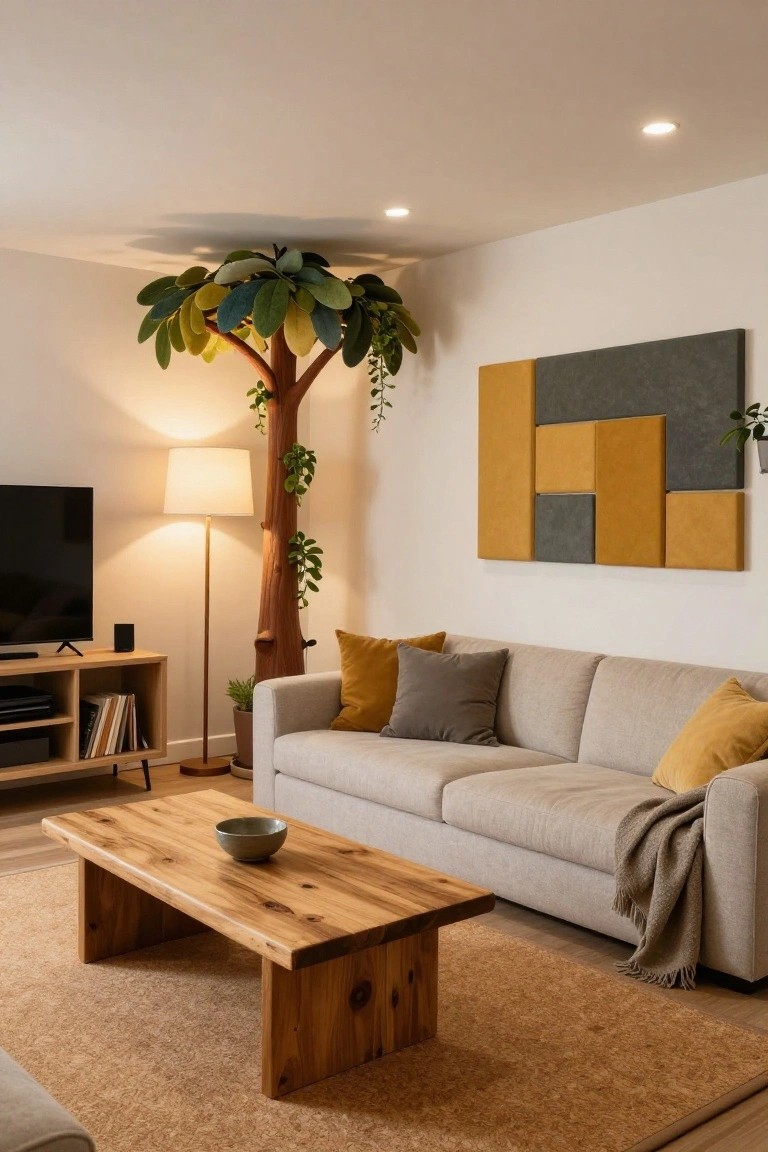 Modern living room with tall artificial palm tree featuring multicolored fabric leaves on wooden trunk, beige sofa with yellow pillows, wooden coffee table, floor lamp, TV on stand, and geometric fabric wall art.