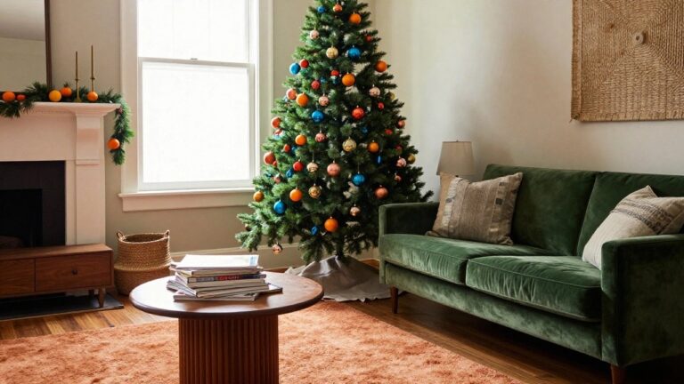 Living room corner with a green Christmas tree decorated in multicolored round ornaments, green velvet sofa, wooden coffee table, and mantel garland with oranges.