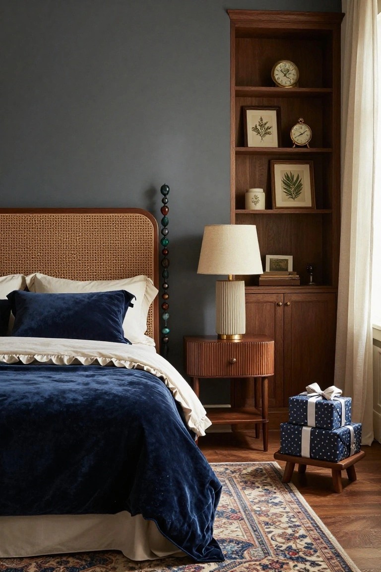 A cozy bedroom featuring a rattan and wood headboard bed with navy velvet bedding, flanked by a wooden nightstand with lamp, tall wooden bookshelf, and two navy blue wrapped gift boxes stacked on a small wooden stool on a patterned rug.