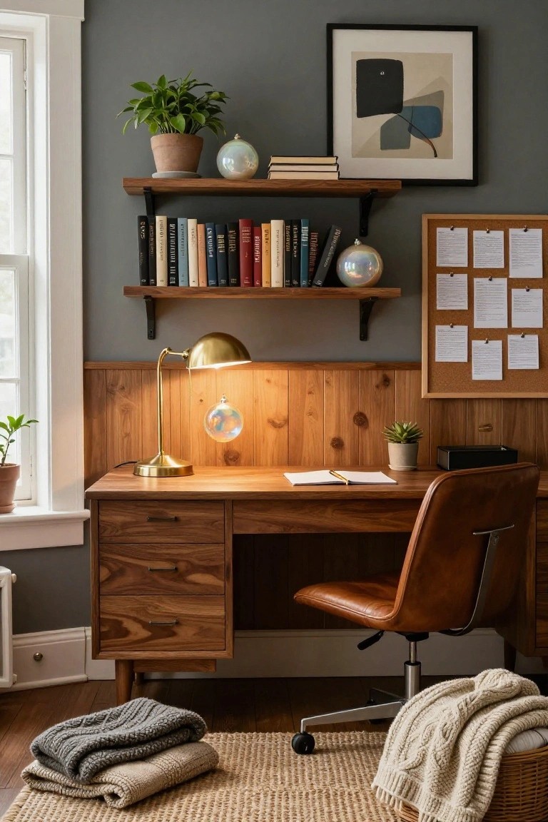 Cozy home office featuring a wooden desk with drawers, brown leather chair, floating walnut shelves holding books and iridescent glass orbs, gold arched lamp, cork bulletin board, potted plants, and stacked knit blankets on a seagrass rug against wood-paneled walls and gray paint.